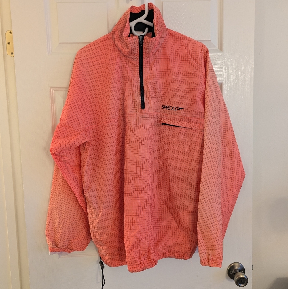 Vintage Speedo Neon Orange Checkered Grid Pullover Windbreaker EUC